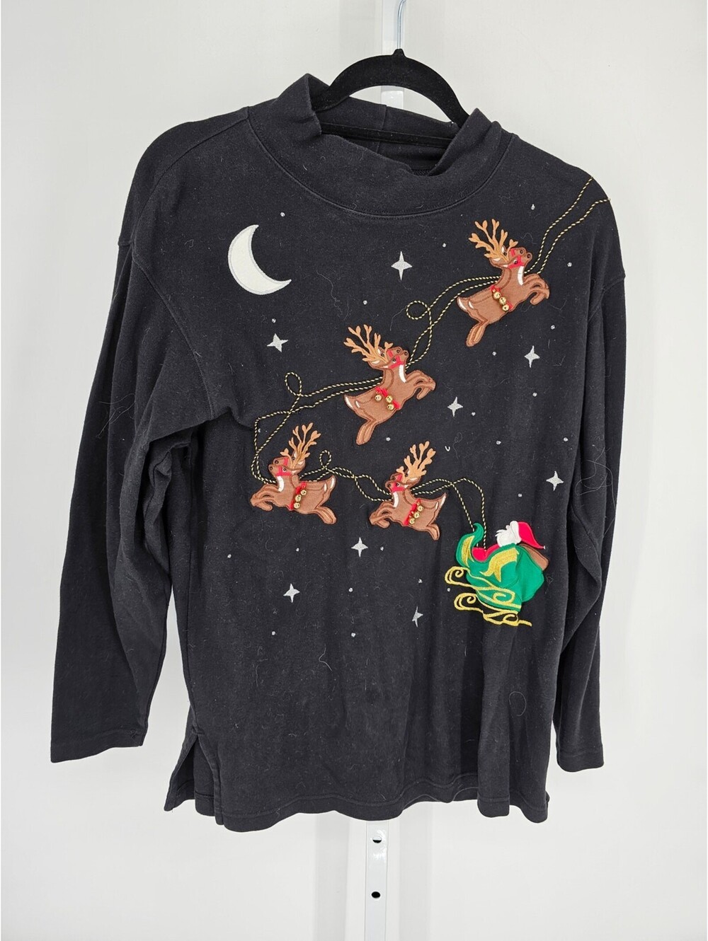 Vtg Bechamel Womens Sz M Mock Neck Long Sleeve T Shirt Christmas Santa Sleigh